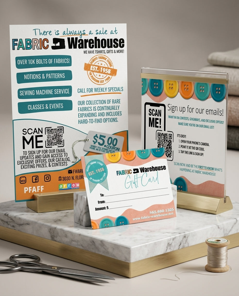 Print marketing and promotional design for fabric and sewing retail store