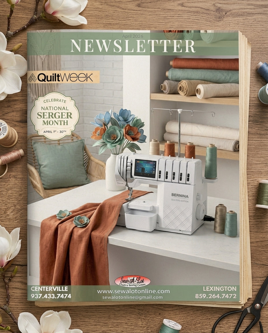 Custom newsletter cover design for sewing machine and quilting retailer