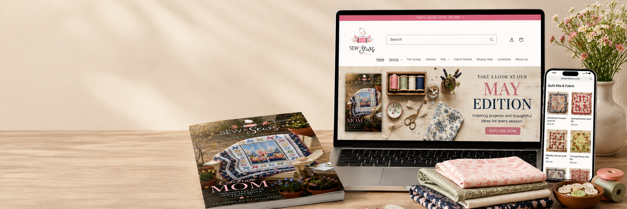 Sew & Sews website, catalog, and mobile marketing display for sewing and quilting business